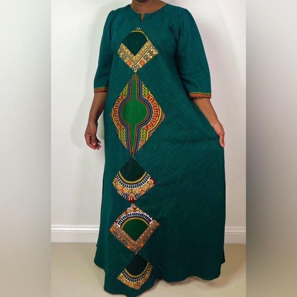 Forest Green Dashiki Print Detail Maxi Notch Neck Dress - Picture 5 of 7